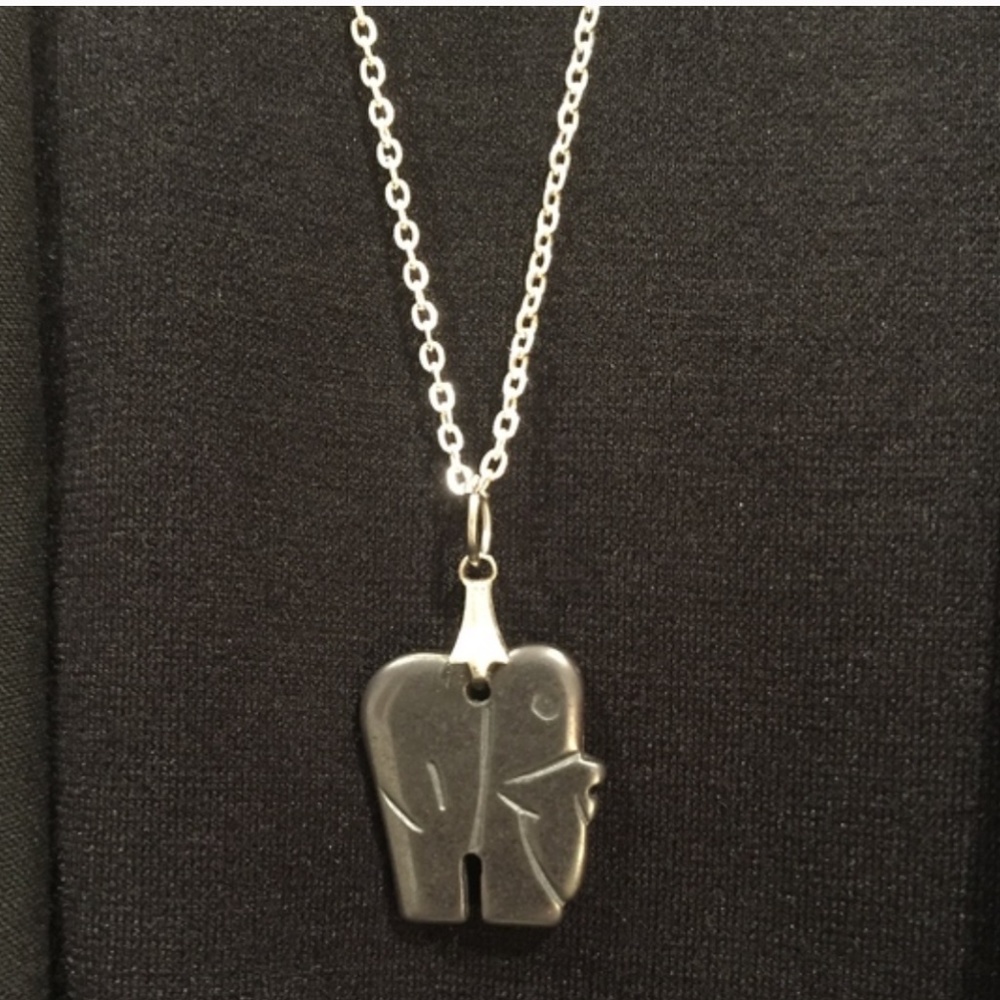 N14-Vintage Carved Pewter Color Hematite Elephant Charm on Black Cording